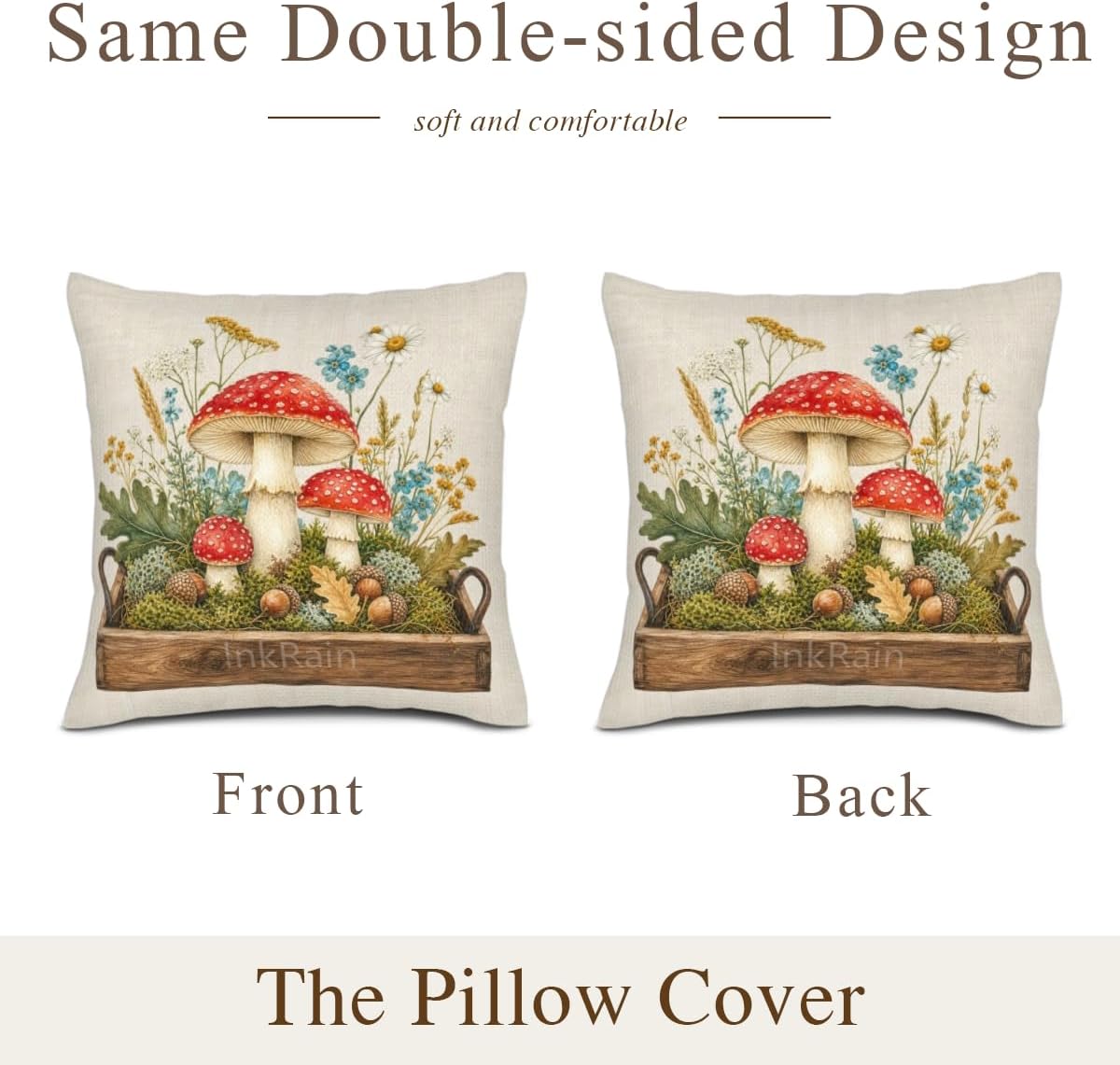 InkRain Farmhouse Harvest Pillow Cover Simple Mushroom Planter Scene 26x26 Inch Set of 2 Cotton Linen Double Sided Country Square Throw Cushion Case Indoor Accent for Bay Window Seat Decor