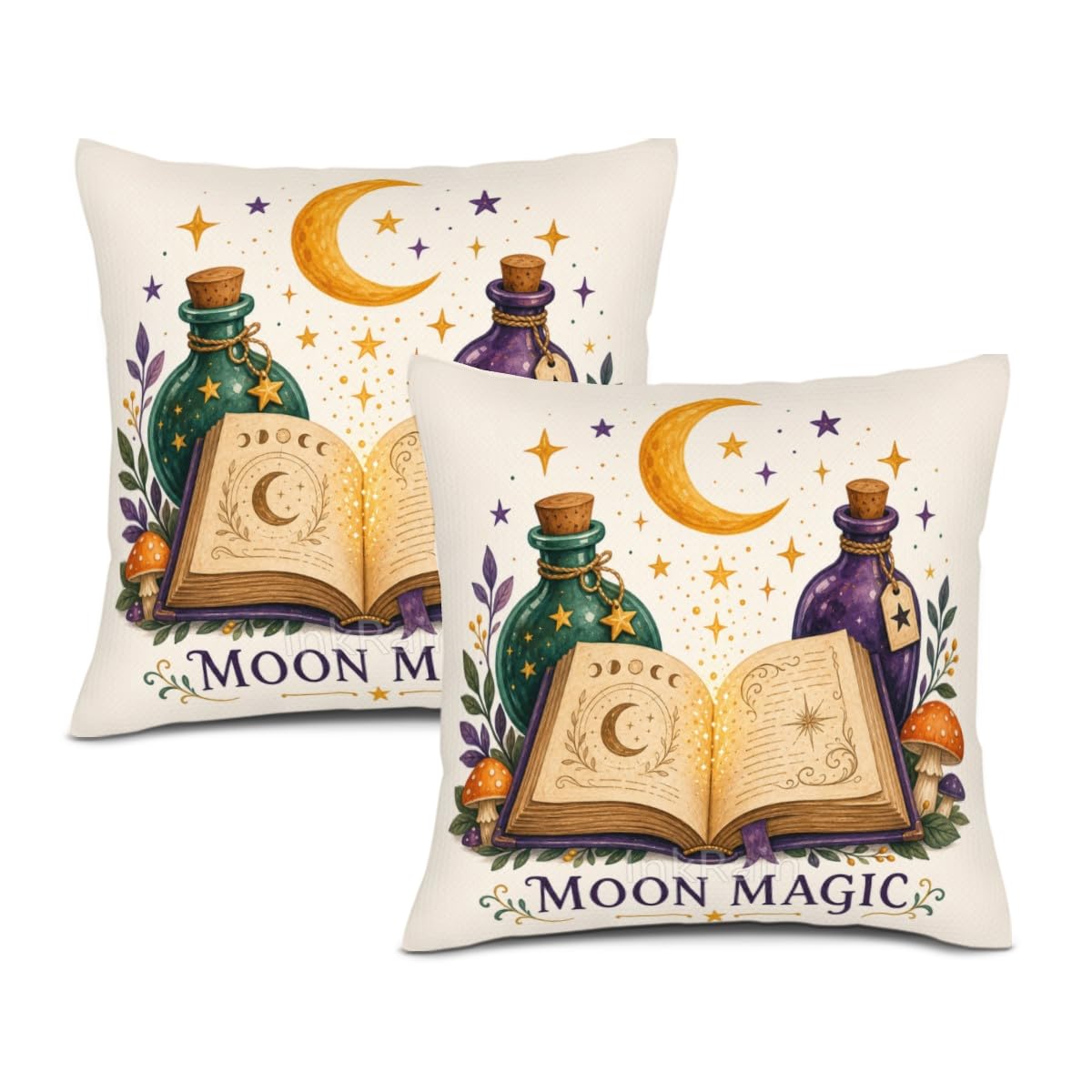 InkRain Halloween Pillow Cover Fresh Pumpkin Stack Moon Graphic Scene 26x26 Inch Set of 2 Cotton Linen Double Sided Whimsical Square Throw Cushion Case House Seat for Bay Window Seat Decor