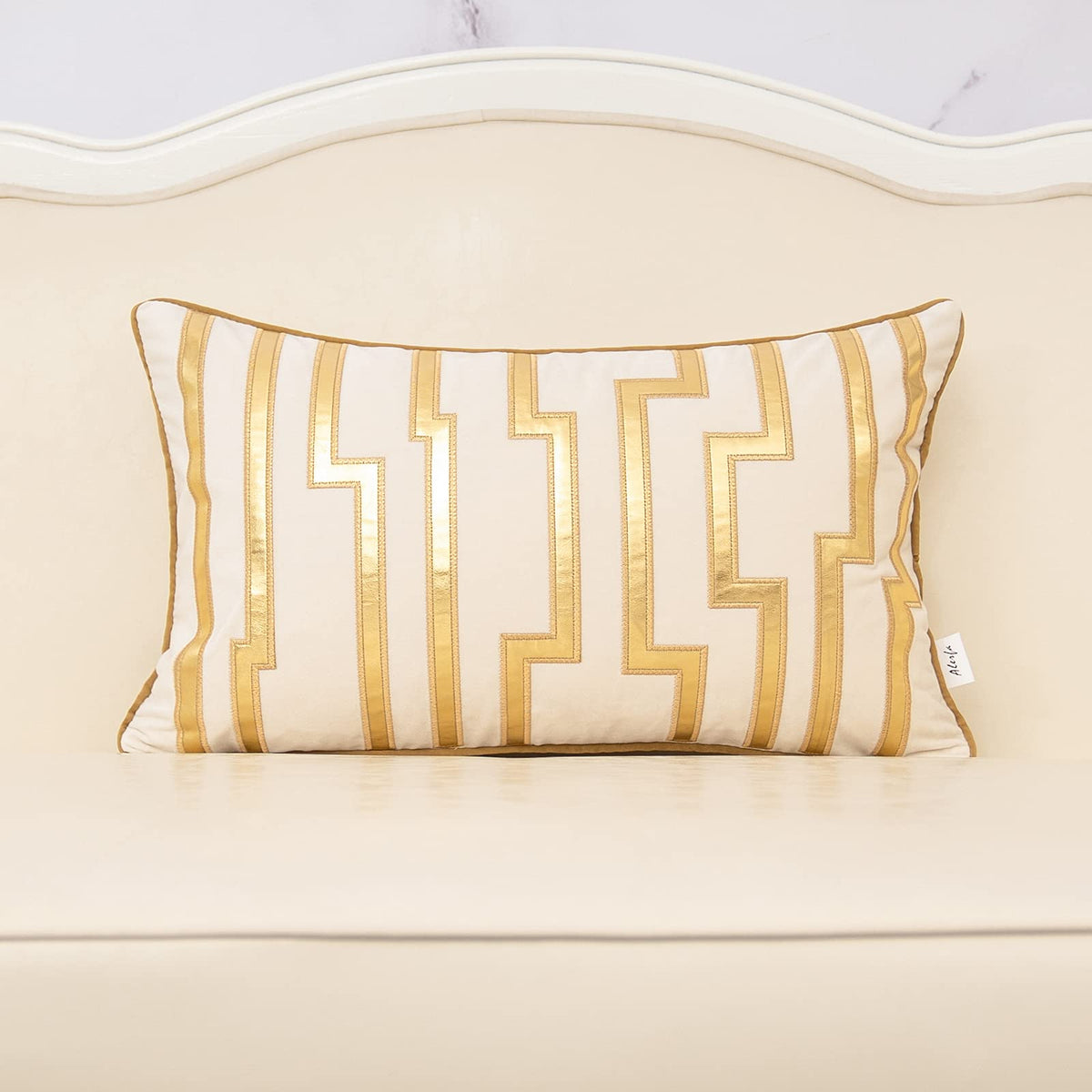 Alerfa Geometric Gold Leather Striped Throw Pillow Cover 12x20 Inch, Luxury Velvet Embroidered Decorative Lumbar Pillow Cover for Couch Living Room Bedroom, Gray