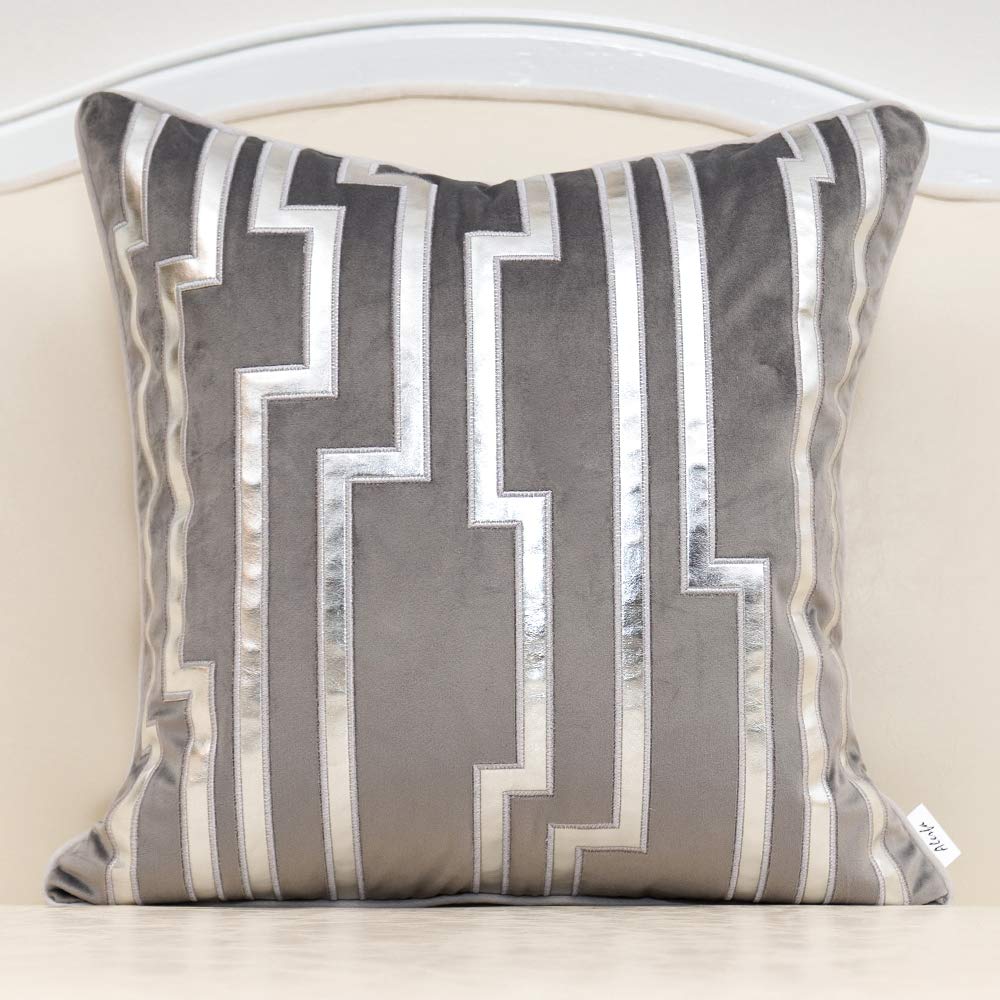 Alerfa Geometric Gold Leather Striped Throw Pillow Cover 12x20 Inch, Luxury Velvet Embroidered Decorative Lumbar Pillow Cover for Couch Living Room Bedroom, Gray