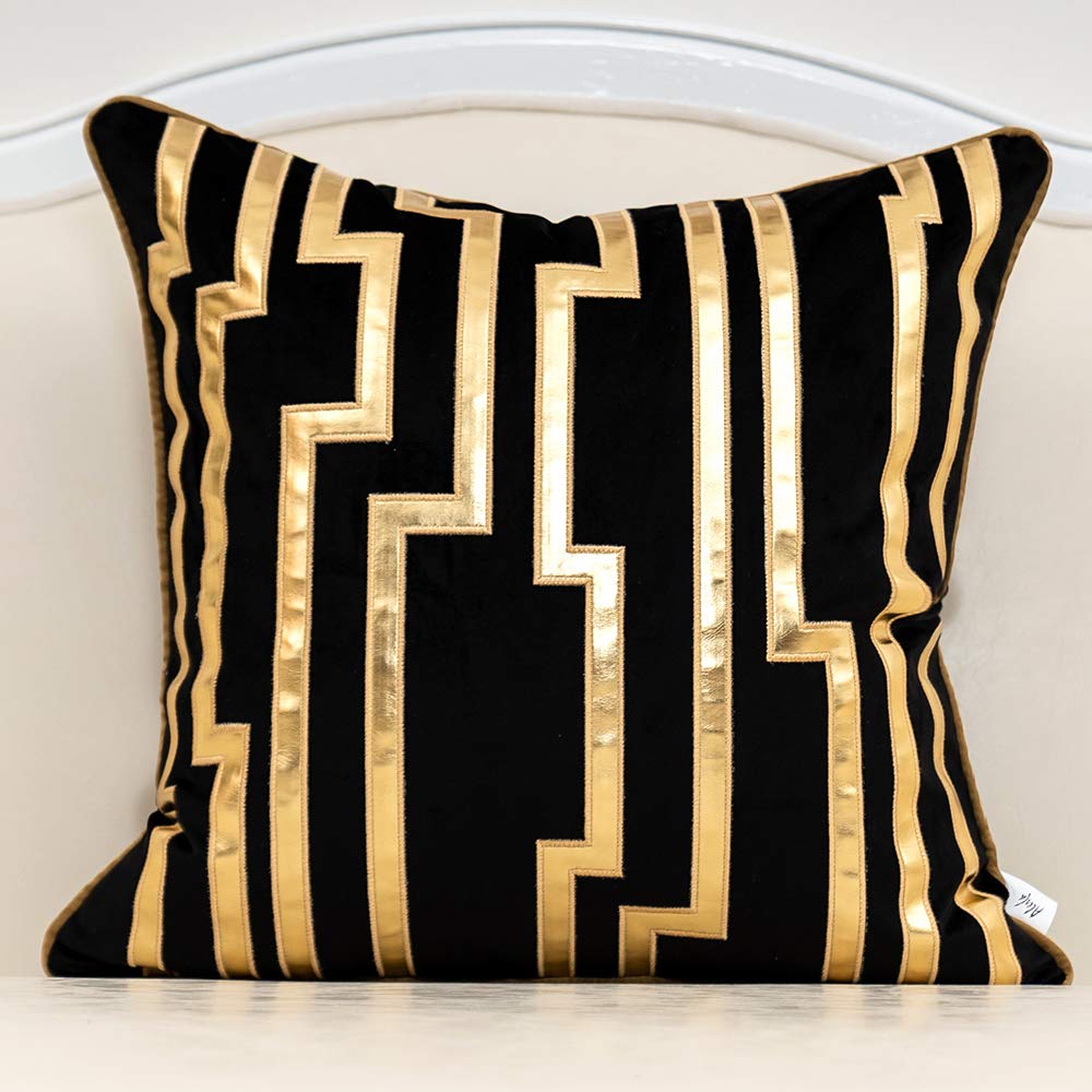 Alerfa Geometric Gold Leather Striped Throw Pillow Cover 12x20 Inch, Luxury Velvet Embroidered Decorative Lumbar Pillow Cover for Couch Living Room Bedroom, Gray