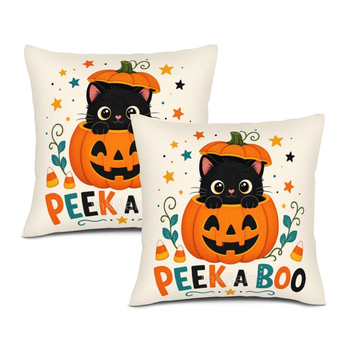 InkRain Halloween Pillow Cover Fresh Pumpkin Stack Moon Graphic Scene 26x26 Inch Set of 2 Cotton Linen Double Sided Whimsical Square Throw Cushion Case House Seat for Bay Window Seat Decor