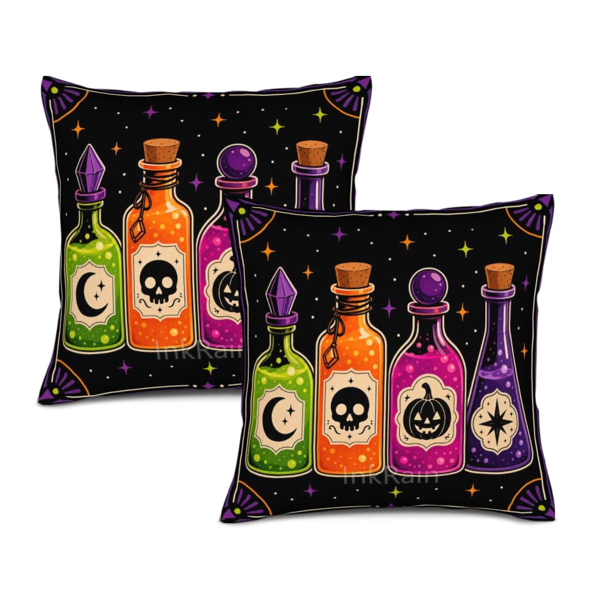InkRain Halloween Pillow Cover Fresh Pumpkin Stack Moon Graphic Scene 26x26 Inch Set of 2 Cotton Linen Double Sided Whimsical Square Throw Cushion Case House Seat for Bay Window Seat Decor