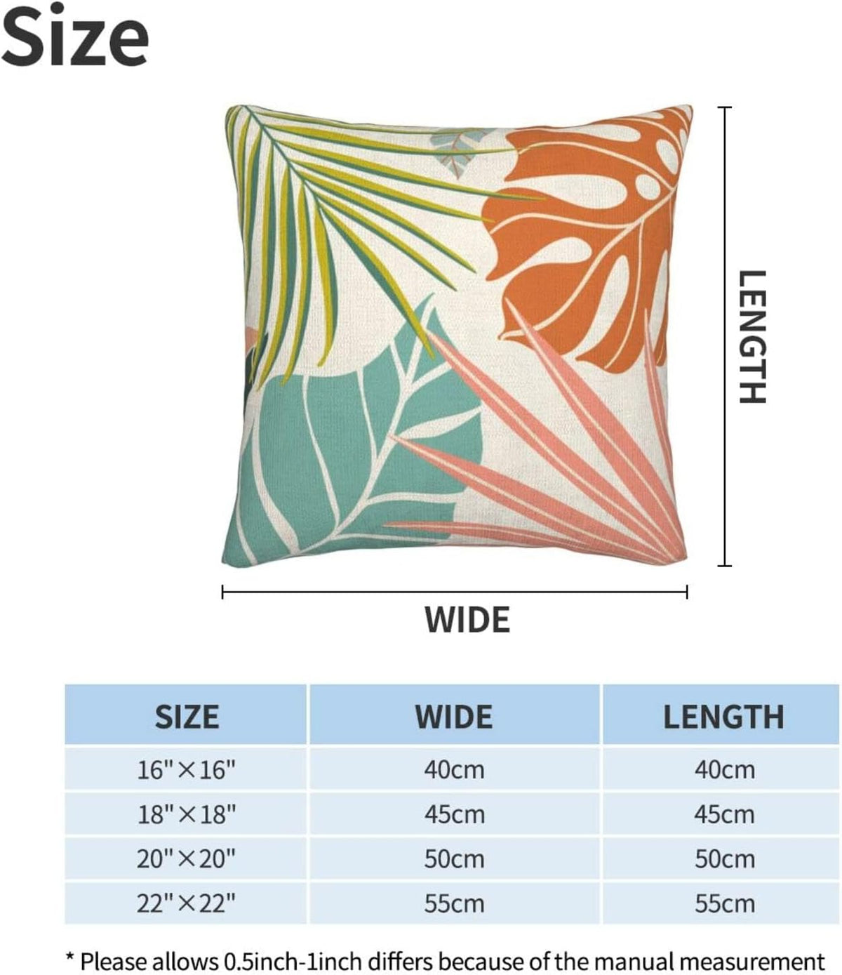 Summer Palm Leaf Pillow Covers 20x20 Set of 2, Coral Tropical Leaf Decorative Outdoor Throw Pillow Covers Green Blue Botanical Farmhouse Cushion Case Linen Square Decor for Couch Sofa
