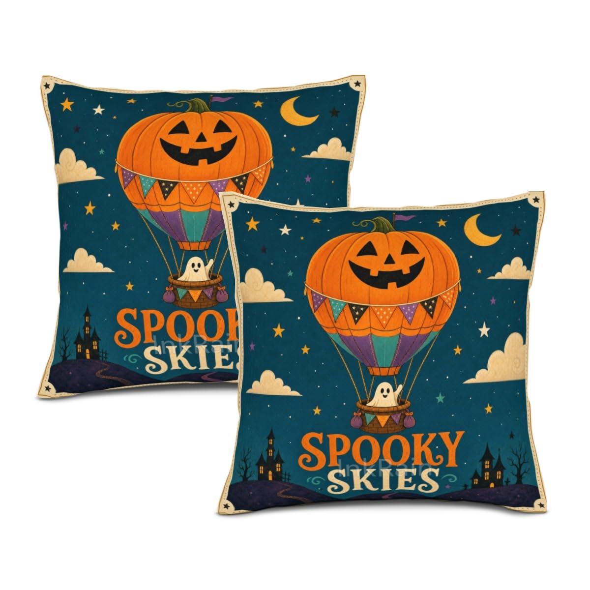 InkRain Halloween Pillow Cover Fresh Pumpkin Stack Moon Graphic Scene 26x26 Inch Set of 2 Cotton Linen Double Sided Whimsical Square Throw Cushion Case House Seat for Bay Window Seat Decor