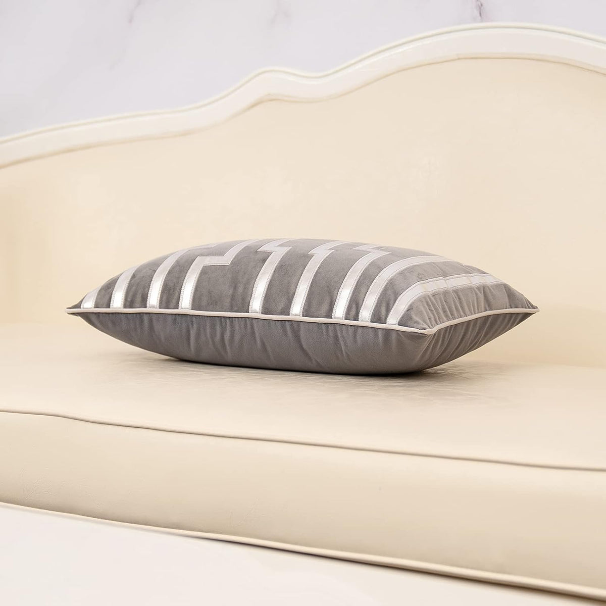 Alerfa Geometric Gold Leather Striped Throw Pillow Cover 12x20 Inch, Luxury Velvet Embroidered Decorative Lumbar Pillow Cover for Couch Living Room Bedroom, Gray