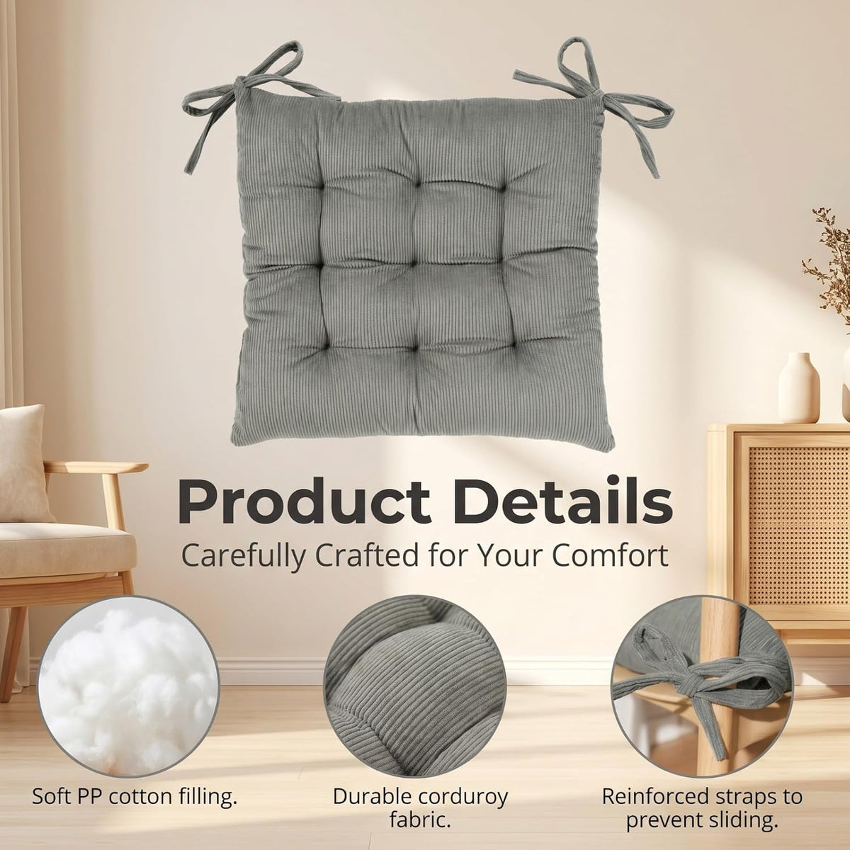 HLOVME Corduroy Chair Cushion with Ties Ultra Soft Warm Floor Cushion for Kids Reading Nook Comfortable Square Seat Cushion for Adult 15.7”x15.7” Set of 2, Grey