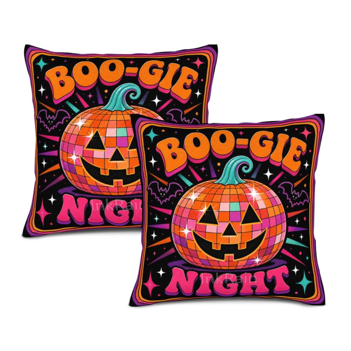 InkRain Halloween Pillow Cover Fresh Pumpkin Stack Moon Graphic Scene 26x26 Inch Set of 2 Cotton Linen Double Sided Whimsical Square Throw Cushion Case House Seat for Bay Window Seat Decor
