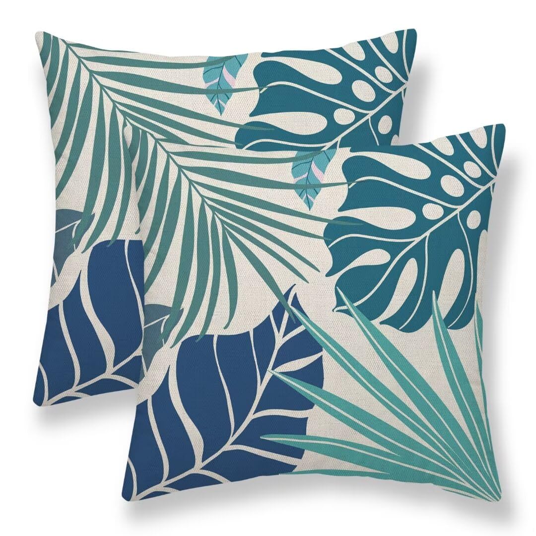 Summer Palm Leaf Pillow Covers 20x20 Set of 2, Coral Tropical Leaf Decorative Outdoor Throw Pillow Covers Green Blue Botanical Farmhouse Cushion Case Linen Square Decor for Couch Sofa