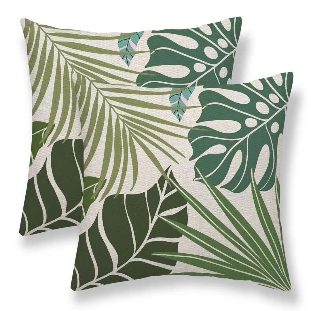 Summer Palm Leaf Pillow Covers 20x20 Set of 2, Coral Tropical Leaf Decorative Outdoor Throw Pillow Covers Green Blue Botanical Farmhouse Cushion Case Linen Square Decor for Couch Sofa