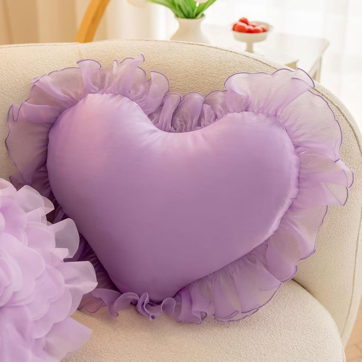 Heart Ruffled Throw Pillow,Satin Heart Throw Pillow Bow Pillows Wedding Gifts Pillows Decorative Cushion for Sofa Bed Bay Window 20×16 inch,White