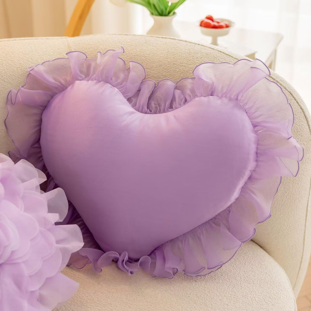 Heart Ruffled Throw Pillow,Satin Heart Throw Pillow Bow Pillows Wedding Gifts Pillows Decorative Cushion for Sofa Bed Bay Window 20×16 inch,White