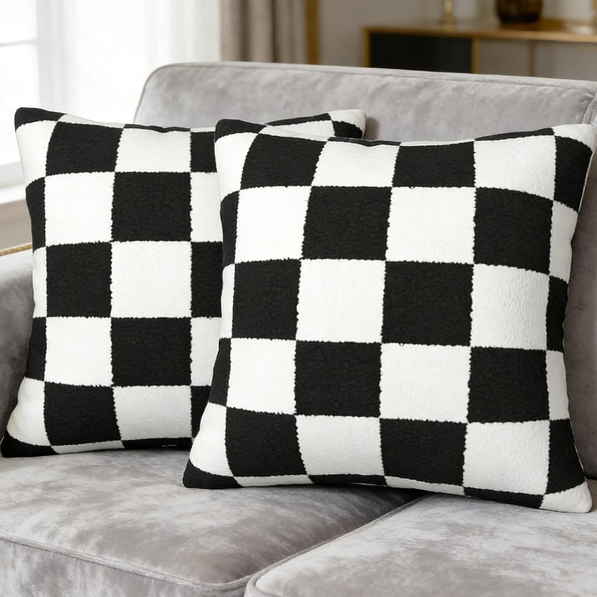 Pack of 2 Decorative Black White Throw Pillow Covers Checkerboard Luxury Super Soft Velvet Set Case Cushion for Couch Sofa Bedroom 20x20-Inch