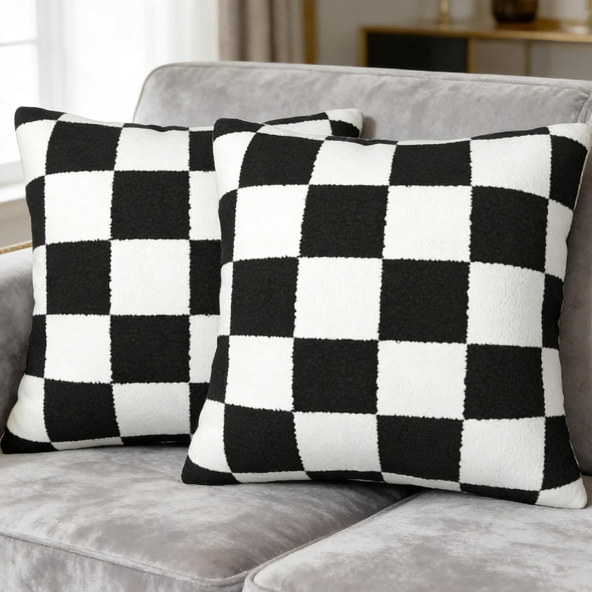 Pack of 2 Decorative Black White Throw Pillow Covers Checkerboard Luxury Super Soft Velvet Set Case Cushion for Couch Sofa Bedroom 20x20-Inch