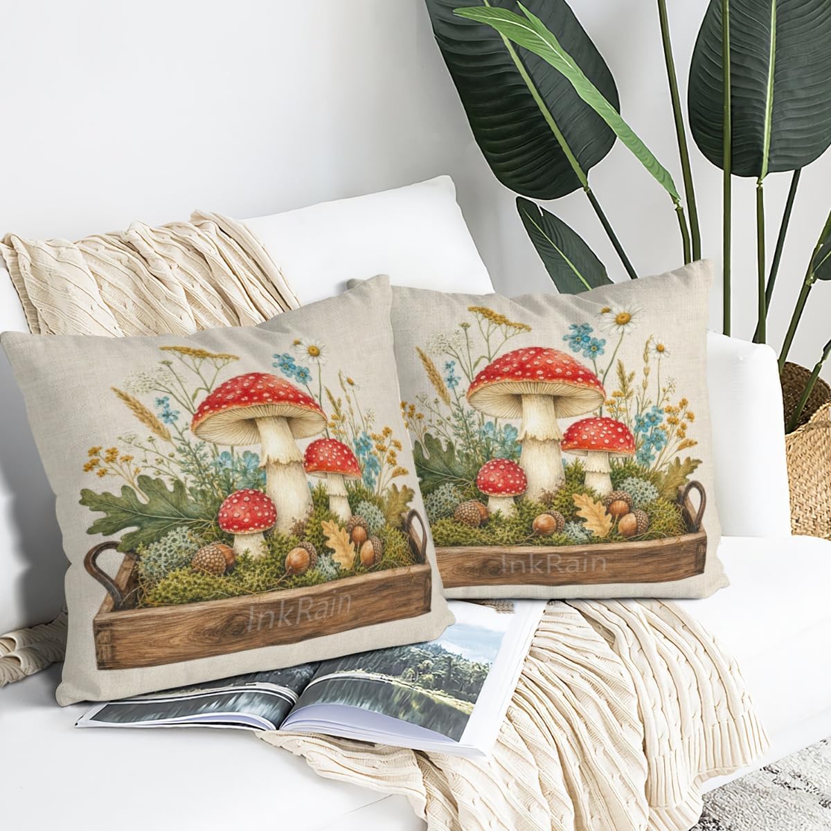InkRain Farmhouse Harvest Pillow Cover Simple Mushroom Planter Scene 26x26 Inch Set of 2 Cotton Linen Double Sided Country Square Throw Cushion Case Indoor Accent for Bay Window Seat Decor