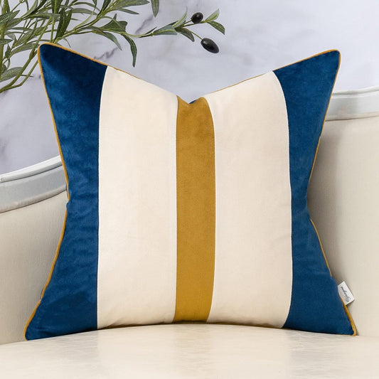 Yangest Navy Blue Patchwork Throw Pillow Cover Striped Velvet Cushion Case Modern Neutral Pillowcase for Sofa Couch Bedroom Living Room Home Decor,18x18 Inch