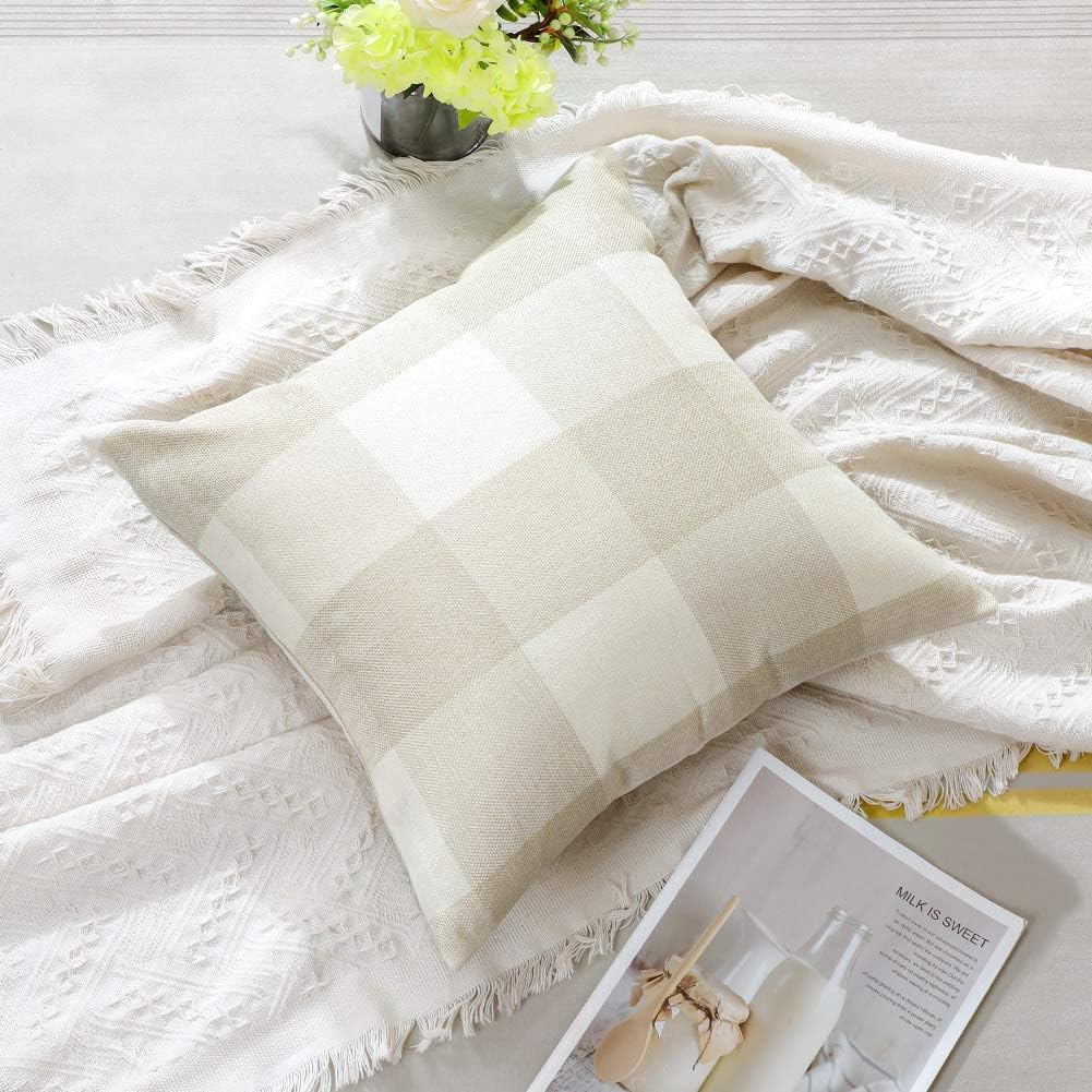 Artscope Buffalo Check Plaid Throw Pillow Covers Farmhouse Decorative Square Pillowcase, Classic Retro Checkers Cushion Covers for Sofa Bedroom Car 24 x 24 Inch, Cream White and White