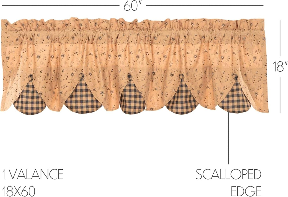 VHC Brands Maisie Primitive 18"x60" Valance Tan Rod Pocket Buttons Cotton Floral/Flower Hanging Loops Kitchen Window Curtains