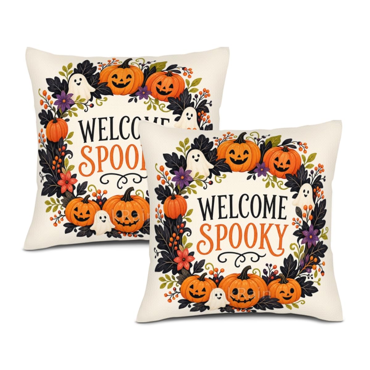 InkRain Halloween Pillow Cover Fresh Pumpkin Stack Moon Graphic Scene 26x26 Inch Set of 2 Cotton Linen Double Sided Whimsical Square Throw Cushion Case House Seat for Bay Window Seat Decor