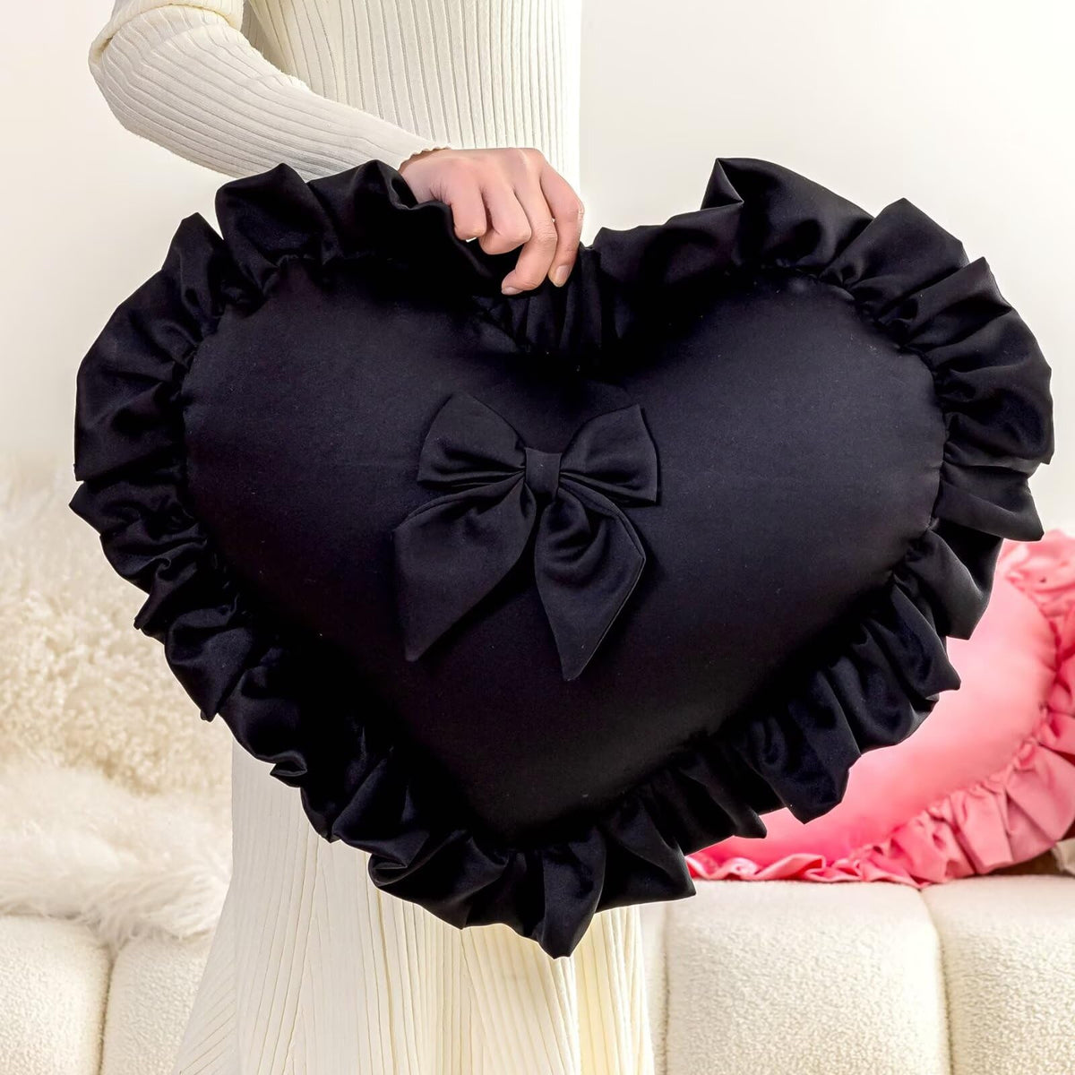 Heart Ruffled Throw Pillow,Satin Heart Throw Pillow Bow Pillows Wedding Gifts Pillows Decorative Cushion for Sofa Bed Bay Window 20×16 inch,White