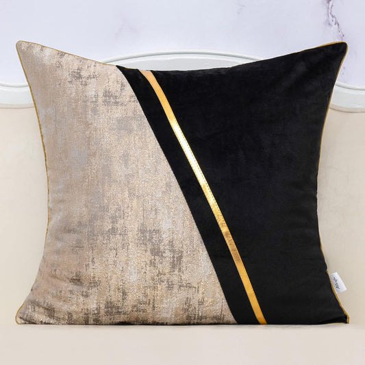 Alerfa 18 x 18 Inch Black Beige Gold Leather Patchwork Velvet & Polyester Cushion Case Luxury Modern Square Throw Pillow Cover Decorative Pillow for Couch Sofa Living Room Bedroom Car 45 x 45cm