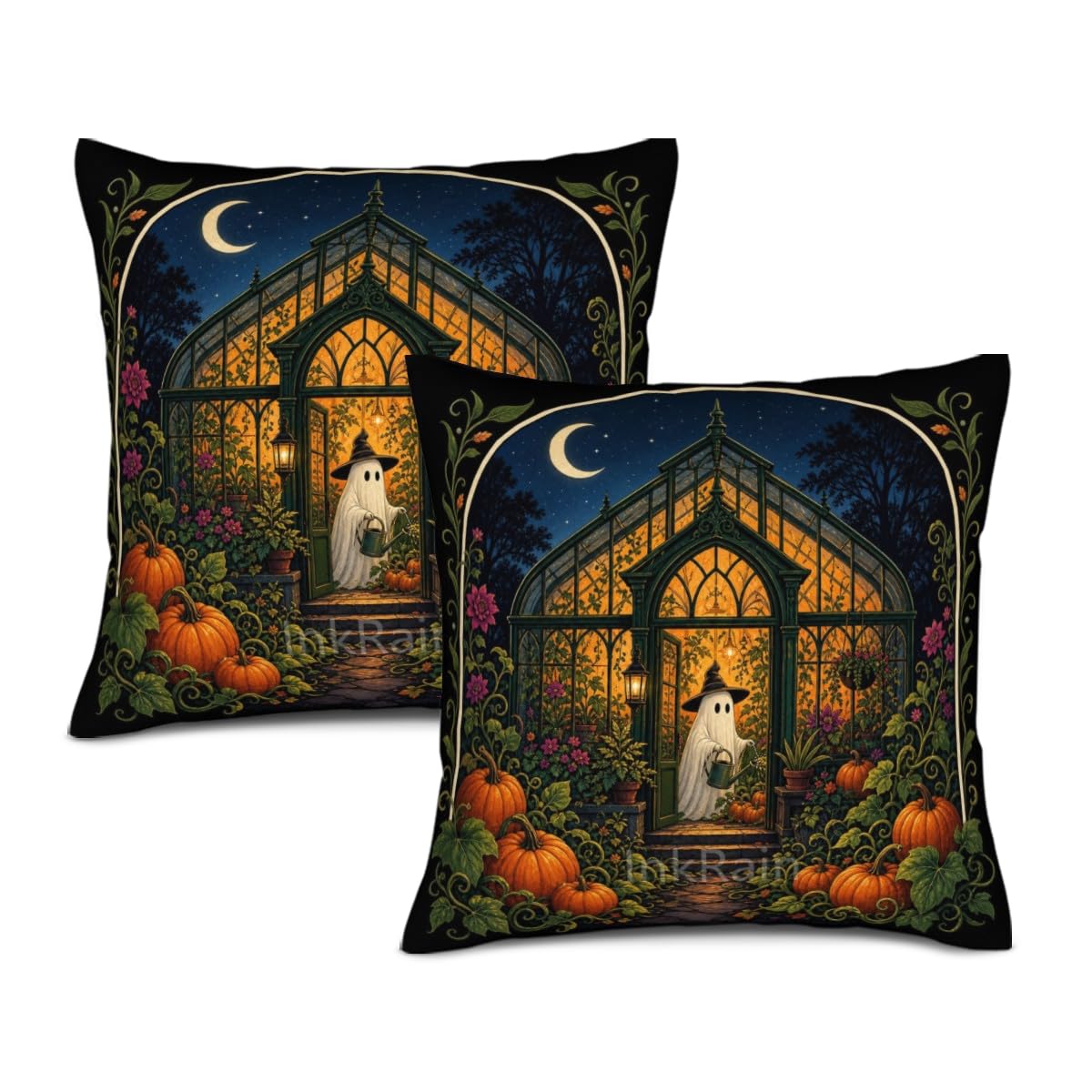 InkRain Halloween Pillow Cover Fresh Pumpkin Stack Moon Graphic Scene 26x26 Inch Set of 2 Cotton Linen Double Sided Whimsical Square Throw Cushion Case House Seat for Bay Window Seat Decor