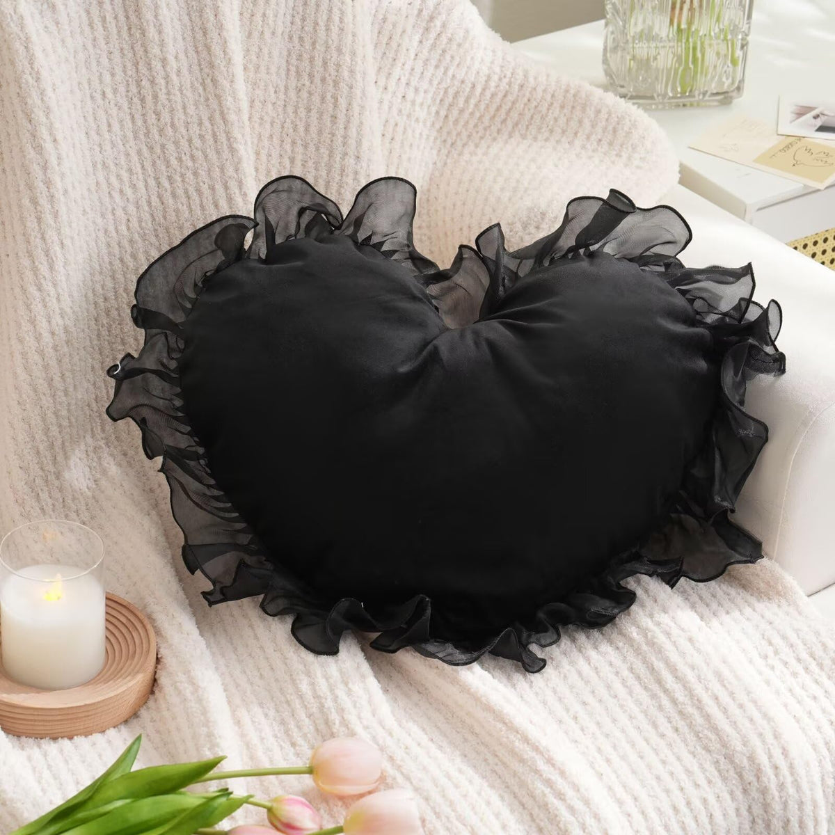 Heart Ruffled Throw Pillow,Satin Heart Throw Pillow Bow Pillows Wedding Gifts Pillows Decorative Cushion for Sofa Bed Bay Window 20×16 inch,White