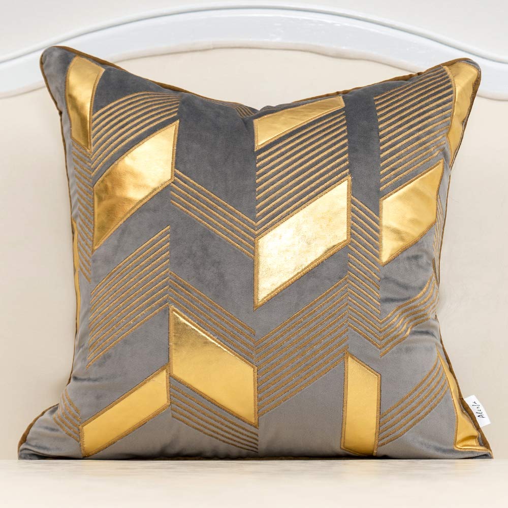 Alerfa 18 x 18 Inches Black Geometric Gold Leather Striped Cushion Cases Embroidery Modern Throw Pillow Covers Decorative Pillows for Couch Living Room Bedroom Car 45 x 45cm