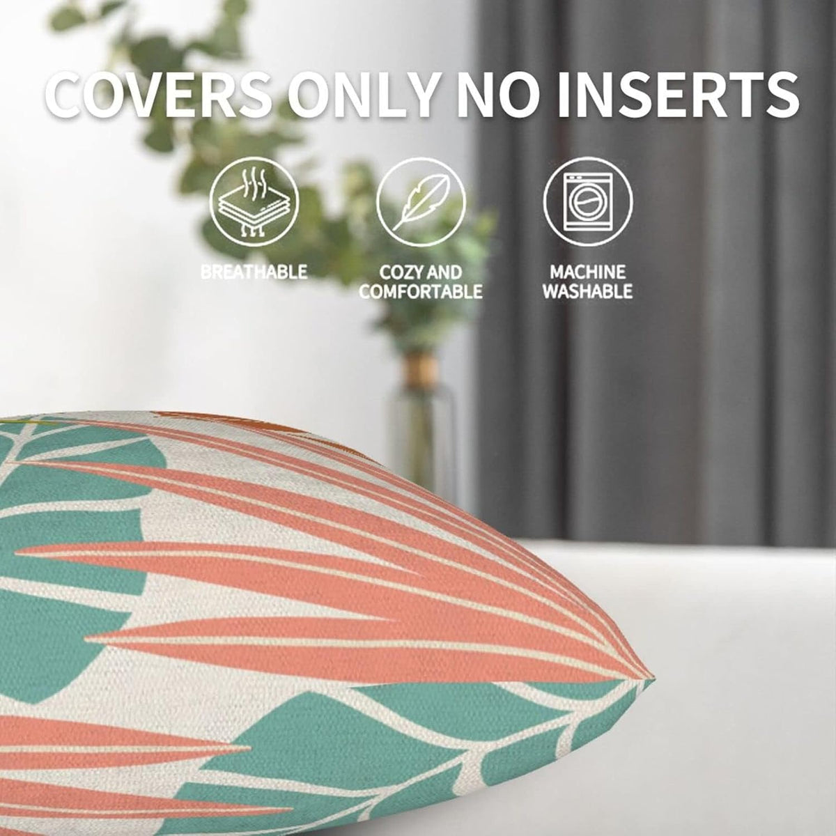 Summer Palm Leaf Pillow Covers 20x20 Set of 2, Coral Tropical Leaf Decorative Outdoor Throw Pillow Covers Green Blue Botanical Farmhouse Cushion Case Linen Square Decor for Couch Sofa