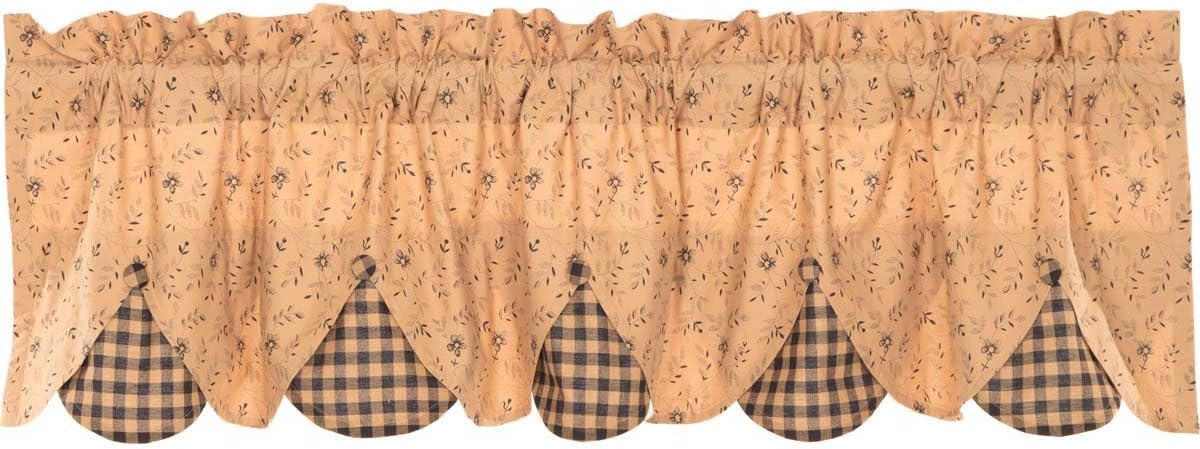 VHC Brands Maisie Primitive 18"x60" Valance Tan Rod Pocket Buttons Cotton Floral/Flower Hanging Loops Kitchen Window Curtains