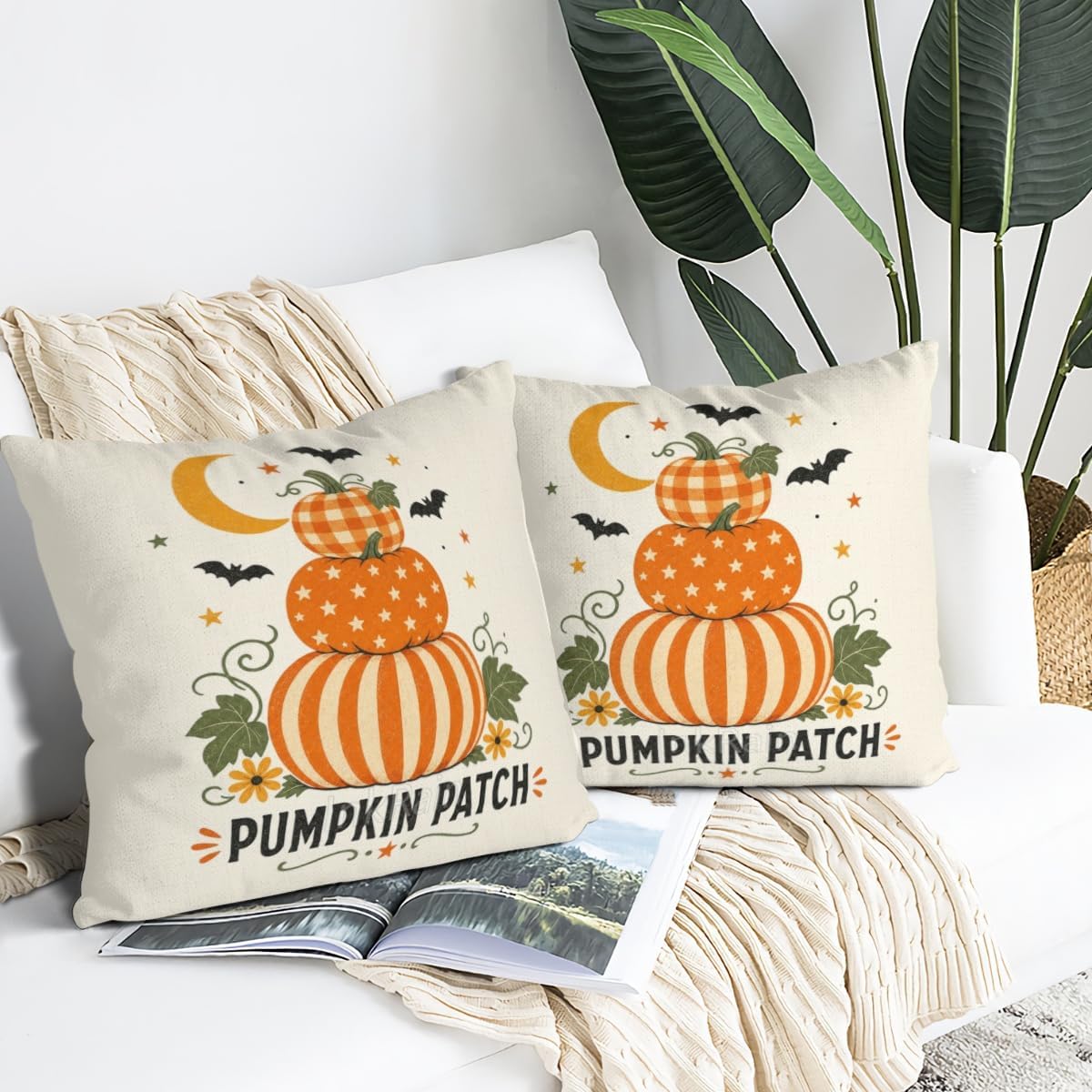 InkRain Halloween Pillow Cover Fresh Pumpkin Stack Moon Graphic Scene 26x26 Inch Set of 2 Cotton Linen Double Sided Whimsical Square Throw Cushion Case House Seat for Bay Window Seat Decor
