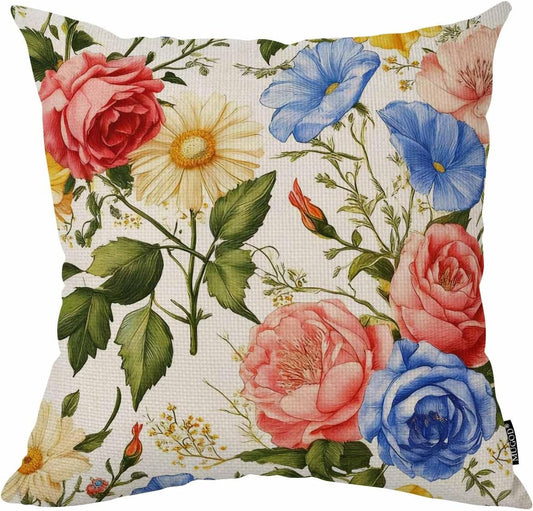 Mugod Floral Throw Pillow Cover Beautiful Chamomile Rose Petunia Wildflowers Print Decorative Square Pillow Case for Home Bedroom Living Room Cushion Cover 18x18 Inch