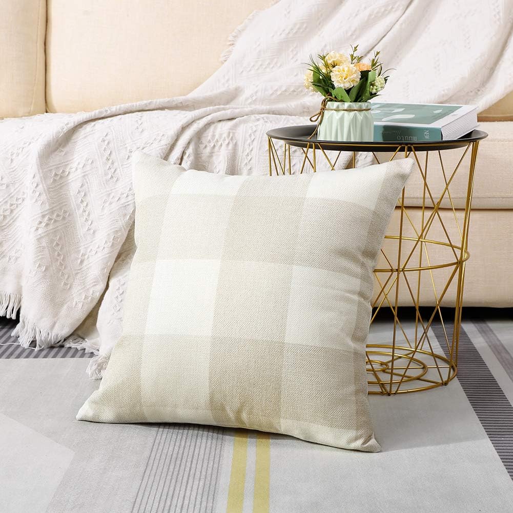 Artscope Buffalo Check Plaid Throw Pillow Covers Farmhouse Decorative Square Pillowcase, Classic Retro Checkers Cushion Covers for Sofa Bedroom Car 24 x 24 Inch, Cream White and White