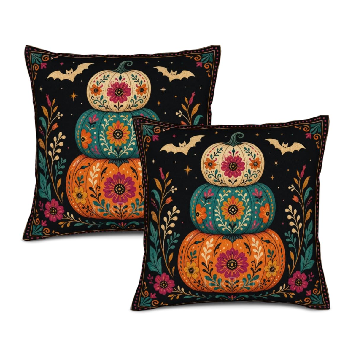 InkRain Halloween Pillow Cover Fresh Pumpkin Stack Moon Graphic Scene 26x26 Inch Set of 2 Cotton Linen Double Sided Whimsical Square Throw Cushion Case House Seat for Bay Window Seat Decor