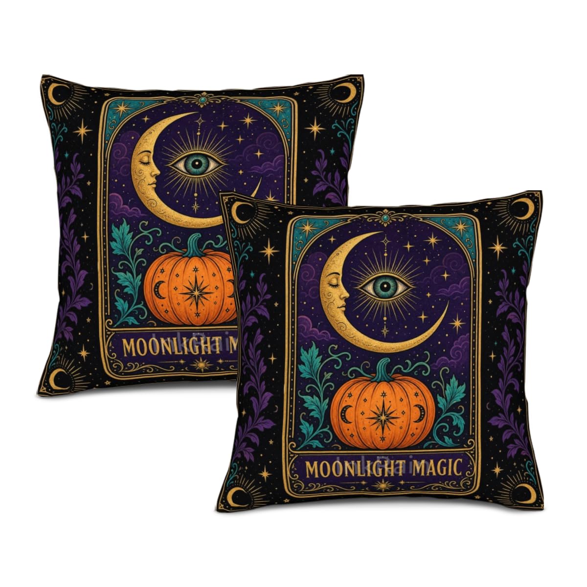 InkRain Halloween Pillow Cover Fresh Pumpkin Stack Moon Graphic Scene 26x26 Inch Set of 2 Cotton Linen Double Sided Whimsical Square Throw Cushion Case House Seat for Bay Window Seat Decor