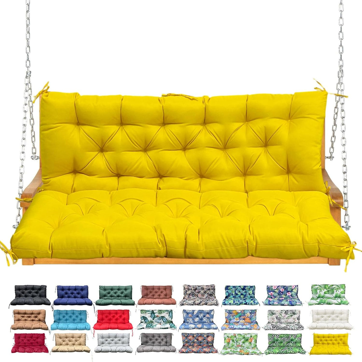 Porch Swing Cushion with Backrest, Waterproof Bench Cushion for Outdoor Furniture, 2-3 Seater Replacement Thickened Swing Cushion with Ties, Patio,Outdoor, Backyard and Garden (Yellow,60x40in)