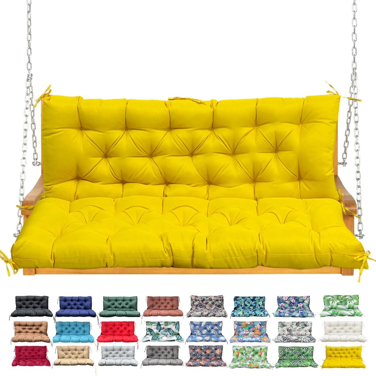 Porch Swing Cushion with Backrest, Waterproof Bench Cushion for Outdoor Furniture, 2-3 Seater Replacement Thickened Swing Cushion with Ties, Patio,Outdoor, Backyard and Garden (Yellow,60x40in)