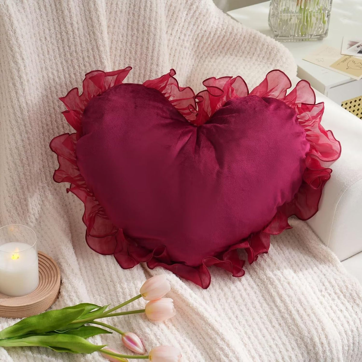 Heart Ruffled Throw Pillow,Satin Heart Throw Pillow Bow Pillows Wedding Gifts Pillows Decorative Cushion for Sofa Bed Bay Window 20×16 inch,White