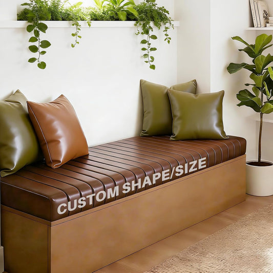 Custom Window Seat Cushions Indoor, Oil Wax/PU Leather Bay Window Cushion, Waterproof Bench Cushions for Indoor Furniture, 75D High-Resilience Foam, Non Slip Bottom