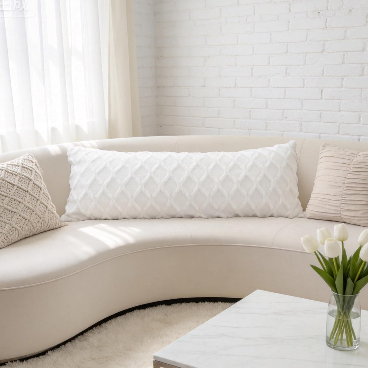Body Pillowcase in Waffle Velvet Pattern, White Body Pillow Cover with Zipper 21 * 54 1 Piece, Suitable for Sofa, Bedroom Decoration,Without Pillow core(Milky White)