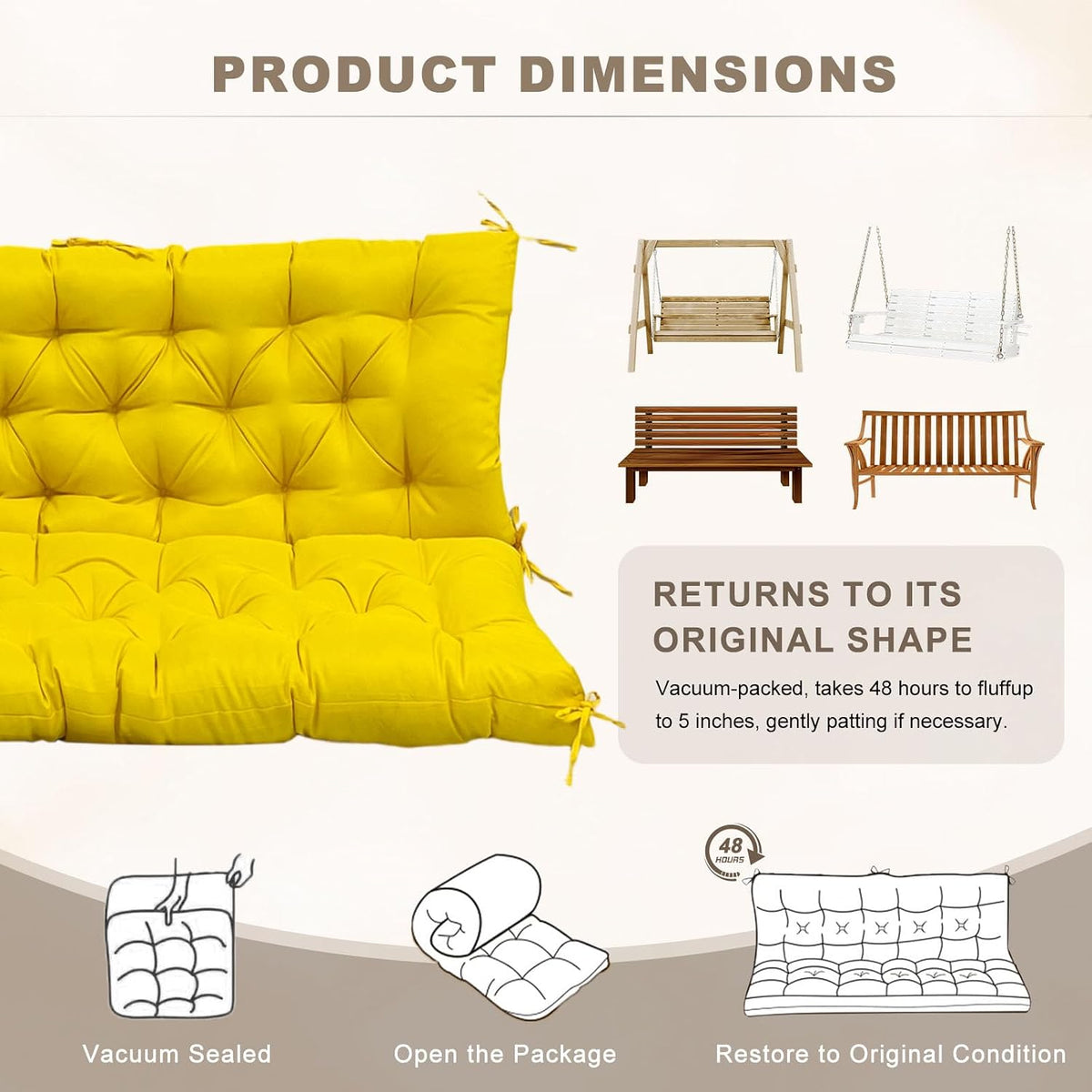 Porch Swing Cushion with Backrest, Waterproof Bench Cushion for Outdoor Furniture, 2-3 Seater Replacement Thickened Swing Cushion with Ties, Patio,Outdoor, Backyard and Garden (Yellow,60x40in)