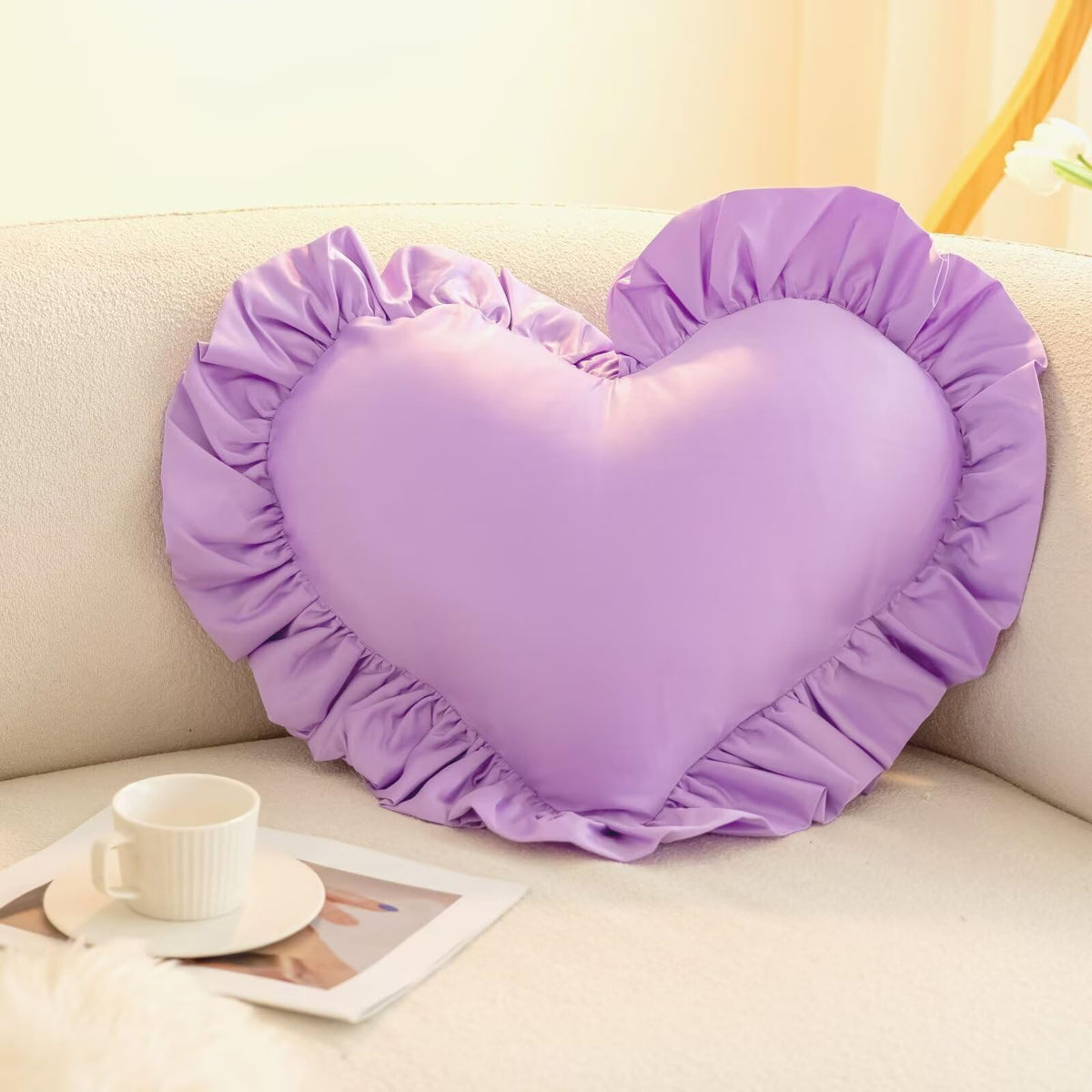 Heart Ruffled Throw Pillow,Satin Heart Throw Pillow Bow Pillows Wedding Gifts Pillows Decorative Cushion for Sofa Bed Bay Window 20×16 inch,White
