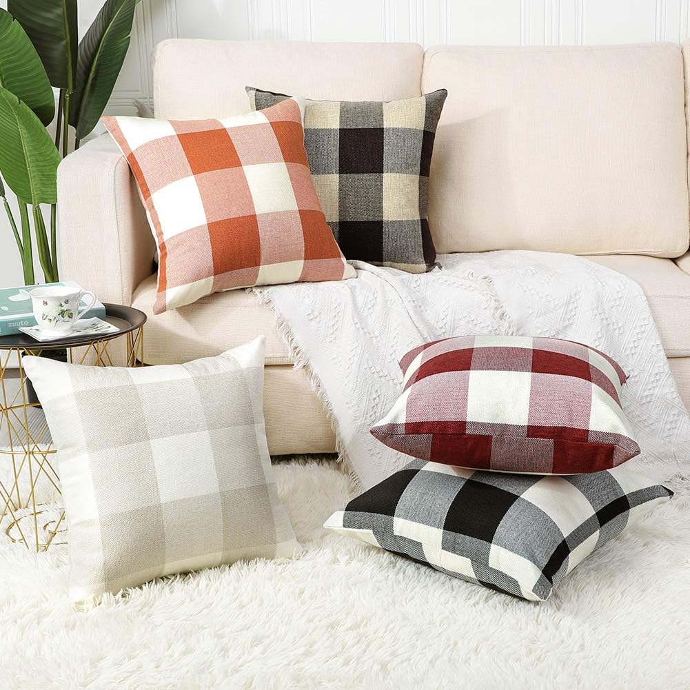 Artscope Buffalo Check Plaid Throw Pillow Covers Farmhouse Decorative Square Pillowcase, Classic Retro Checkers Cushion Covers for Sofa Bedroom Car 24 x 24 Inch, Cream White and White