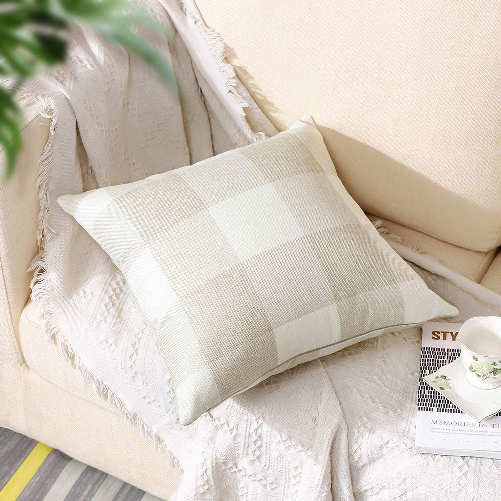 Artscope Buffalo Check Plaid Throw Pillow Covers Farmhouse Decorative Square Pillowcase, Classic Retro Checkers Cushion Covers for Sofa Bedroom Car 24 x 24 Inch, Cream White and White