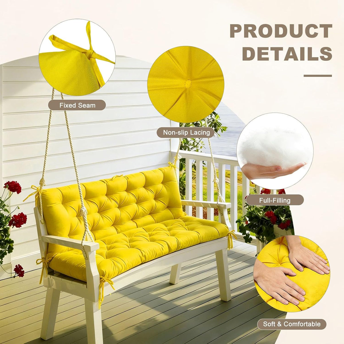 Porch Swing Cushion with Backrest, Waterproof Bench Cushion for Outdoor Furniture, 2-3 Seater Replacement Thickened Swing Cushion with Ties, Patio,Outdoor, Backyard and Garden (Yellow,60x40in)