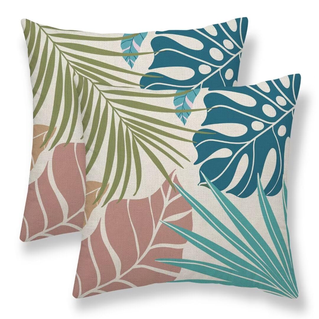 Summer Palm Leaf Pillow Covers 20x20 Set of 2, Coral Tropical Leaf Decorative Outdoor Throw Pillow Covers Green Blue Botanical Farmhouse Cushion Case Linen Square Decor for Couch Sofa