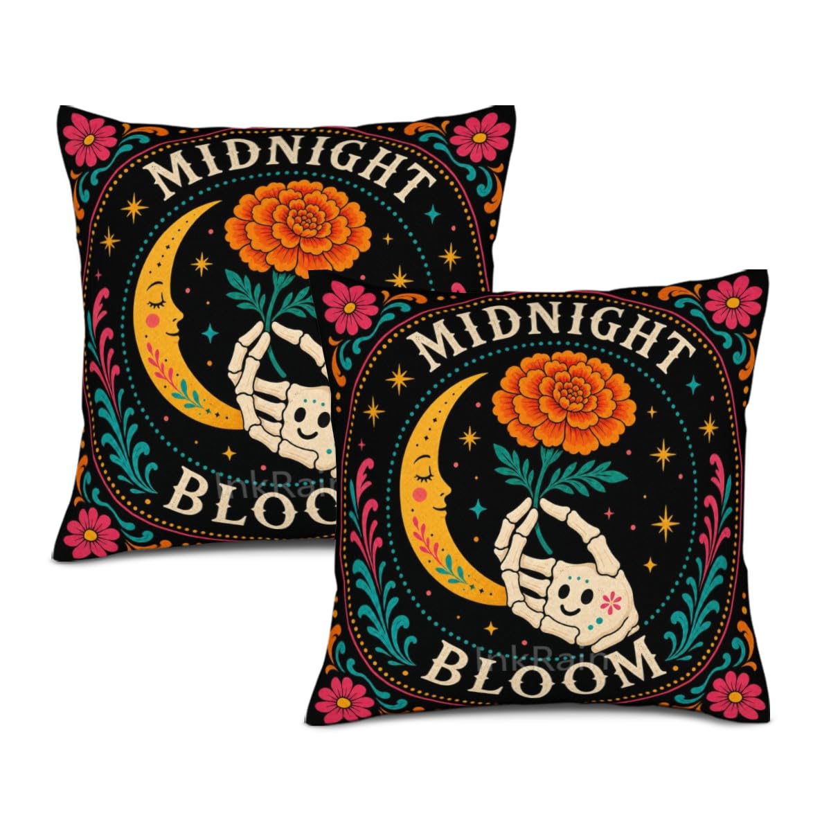InkRain Halloween Pillow Cover Fresh Pumpkin Stack Moon Graphic Scene 26x26 Inch Set of 2 Cotton Linen Double Sided Whimsical Square Throw Cushion Case House Seat for Bay Window Seat Decor