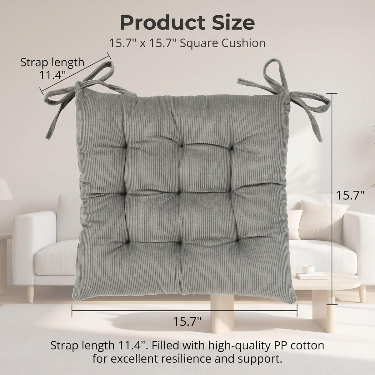 HLOVME Corduroy Chair Cushion with Ties Ultra Soft Warm Floor Cushion for Kids Reading Nook Comfortable Square Seat Cushion for Adult 15.7”x15.7” Set of 2, Grey