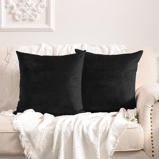FY FIBER HOUSE Pack of 2 Velvet Throw Pillow Covers Decorative Pillowcase Soft Solid Cushion Cover, 18 x 18 Inch, Black