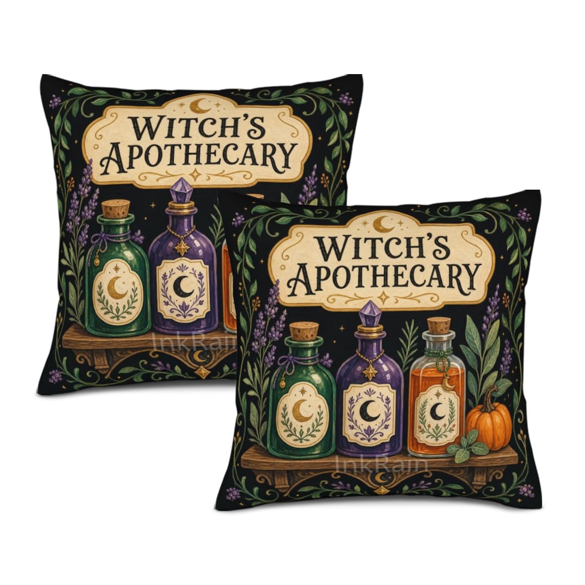 InkRain Halloween Pillow Cover Fresh Pumpkin Stack Moon Graphic Scene 26x26 Inch Set of 2 Cotton Linen Double Sided Whimsical Square Throw Cushion Case House Seat for Bay Window Seat Decor